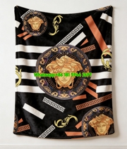Versace Black White Orange Gold Medusa Greek Key Print Flannel Sofa Throw Blanket IMG_1424